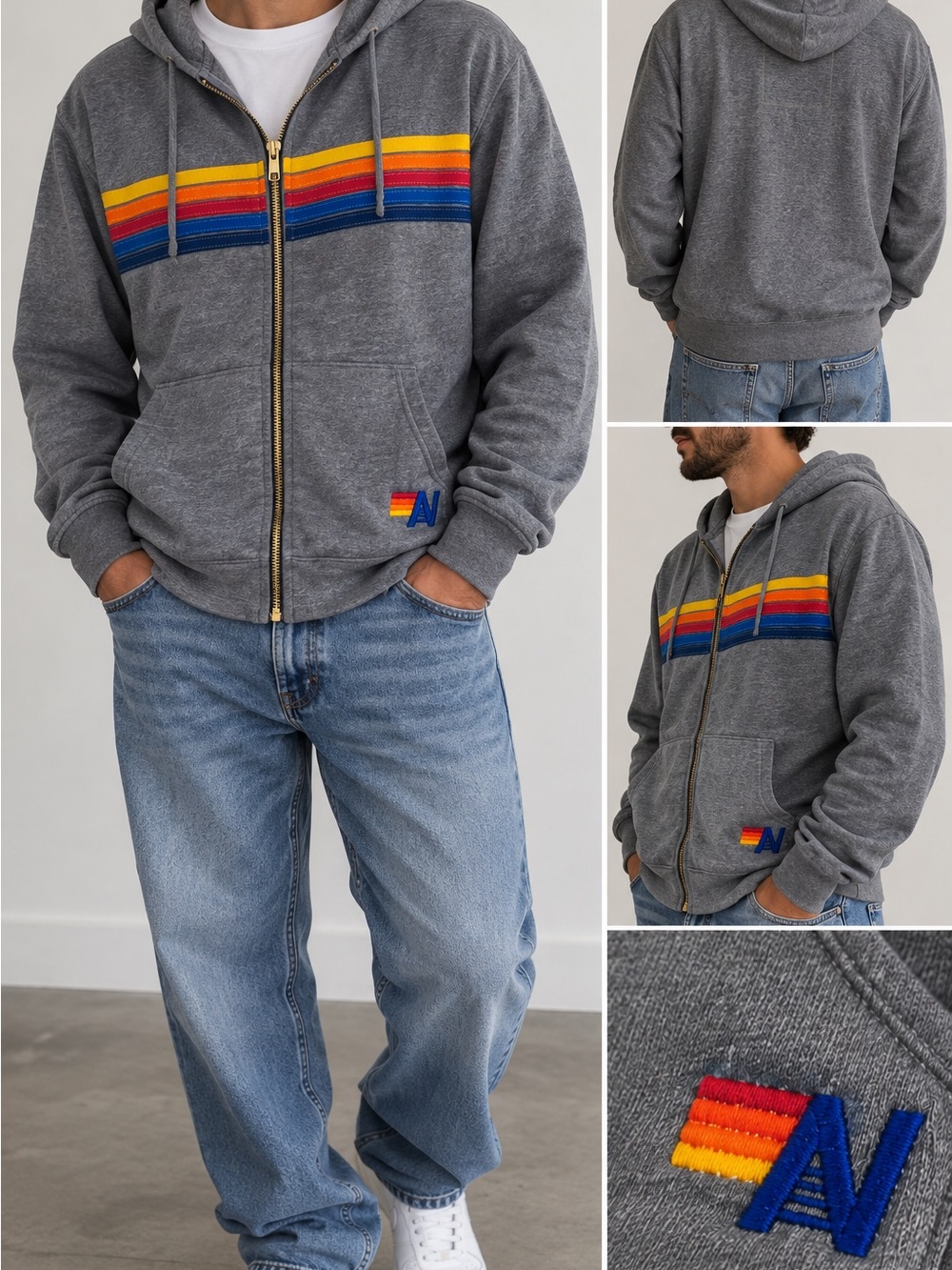 Aviator Nation Rainbow Stripe Gray Full Zip Hoodie XXL Made in USA